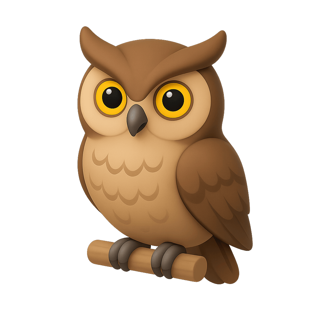 Wise owl sitting on branch at night for kids learning